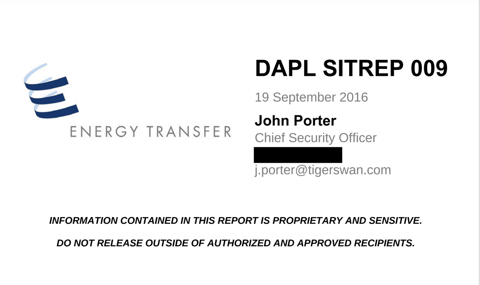 Tiger Swan Sept 19, 2016 Situational updated on Standing Rock for Energy Transfer