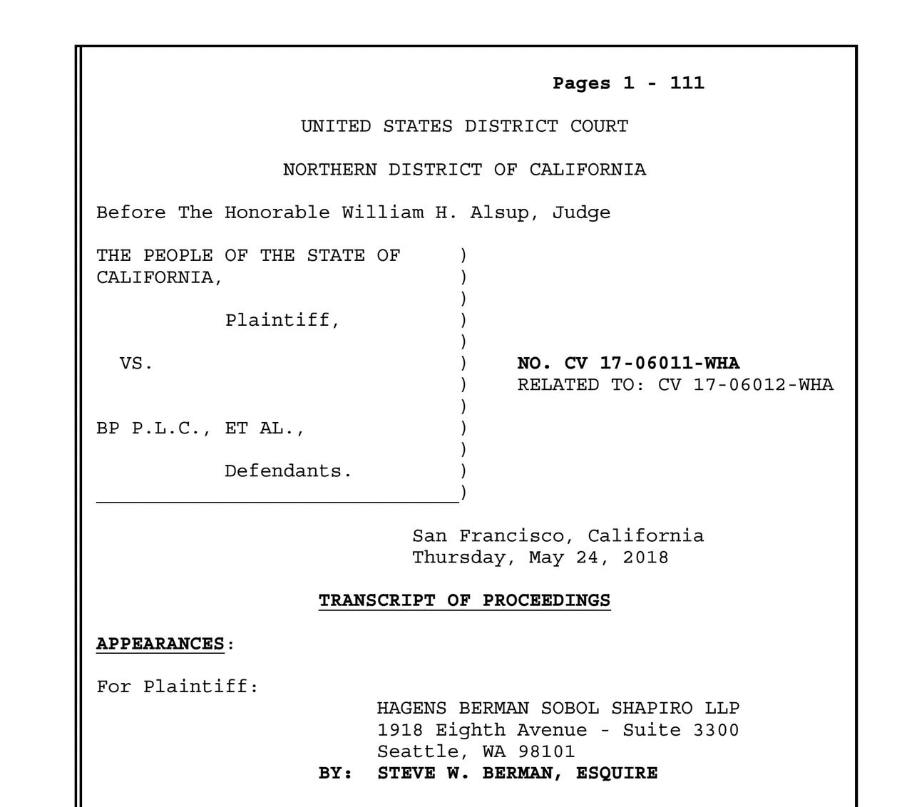 Transcript of hearing in State of California vs. BP et al