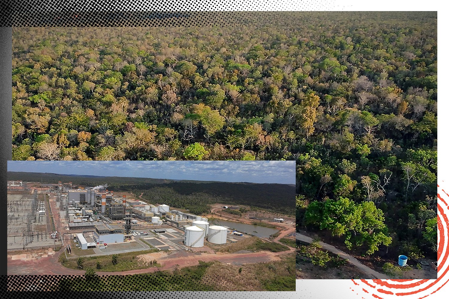 Landscape of the Krenyê Indigenous Reserve (Brazil) and a gas site belonging to the Brazilian company Eneva, located near the reserve. Illustration by Simon Toupet / Mediapart with photos by Luis Ushirobira / InfoAmazonia.
