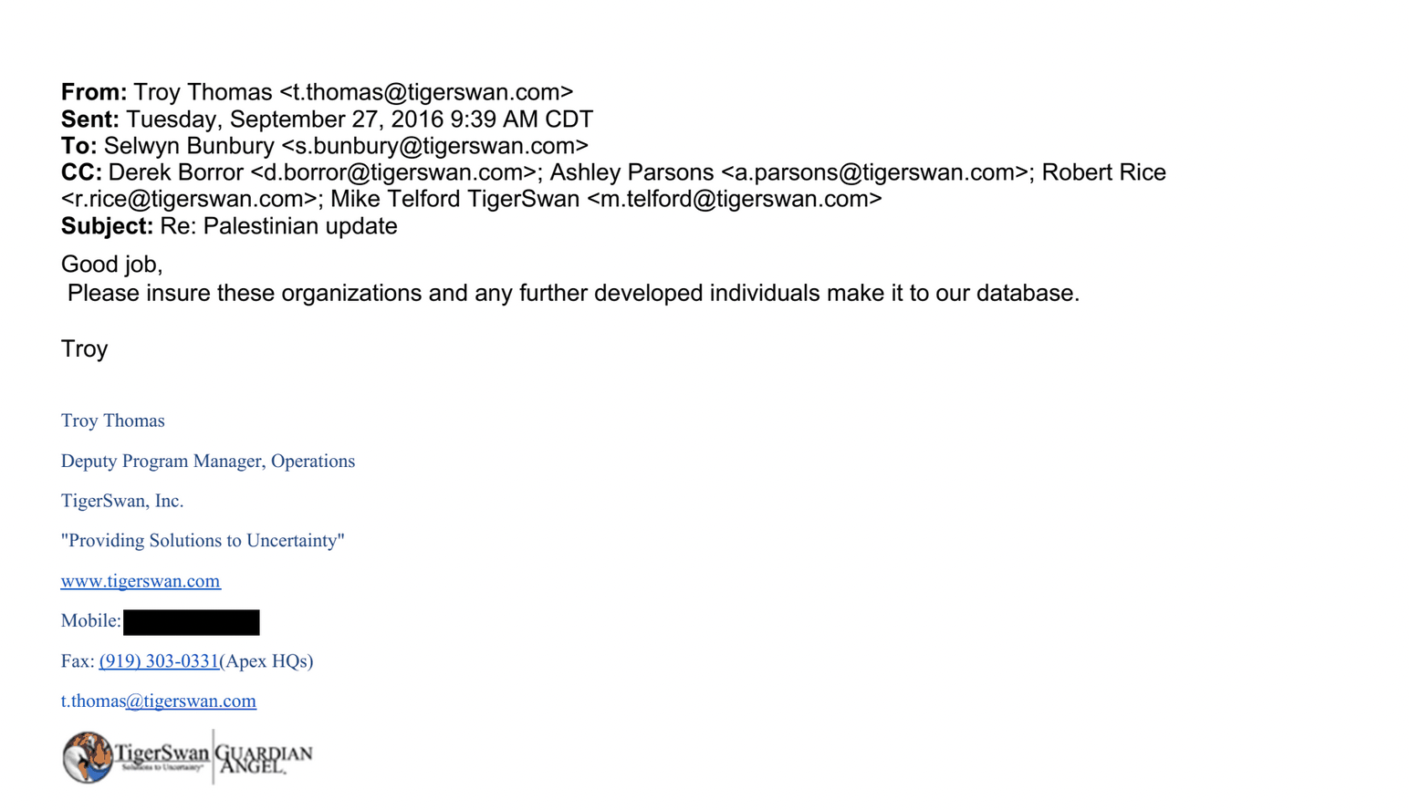 Tiger Swan Intel Emails September 2016