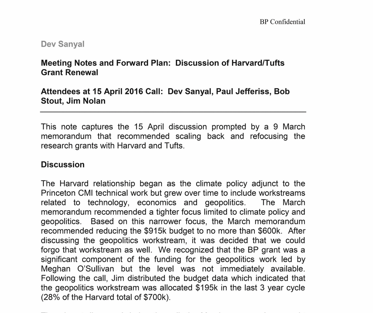 BP Meeting Notes and Forward Plan: Discussion of Harvard/Tufts Grant Renewal - 2016