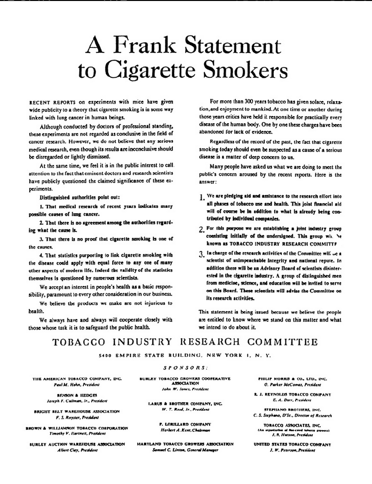 The tobacco industry spent years lying about the science linking smoking to cancer