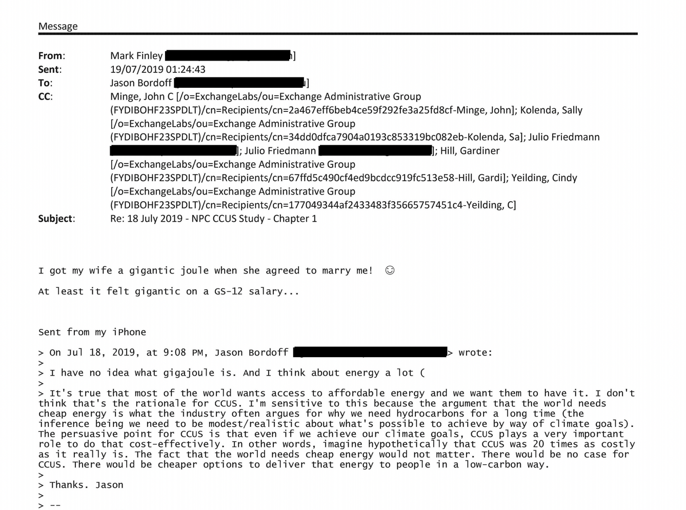 BP Emails with Jason Bordoff at Columbia University regarding National Petroleum Council’s CCUS Study