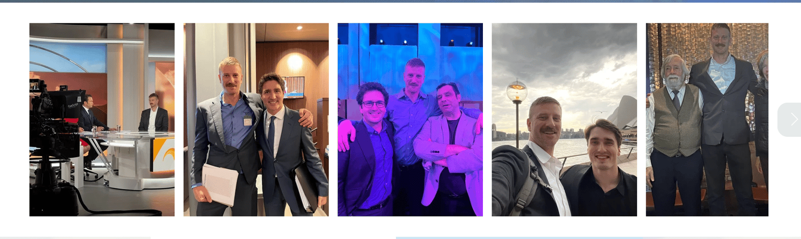 Keefer appearing on the news and posing with his podcast guests. Photo from his website.