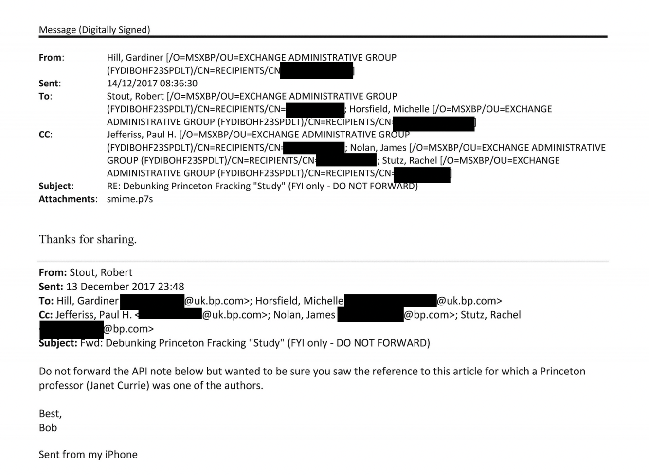 BP Emails about a Princeton study that’s critical of the industry 2017