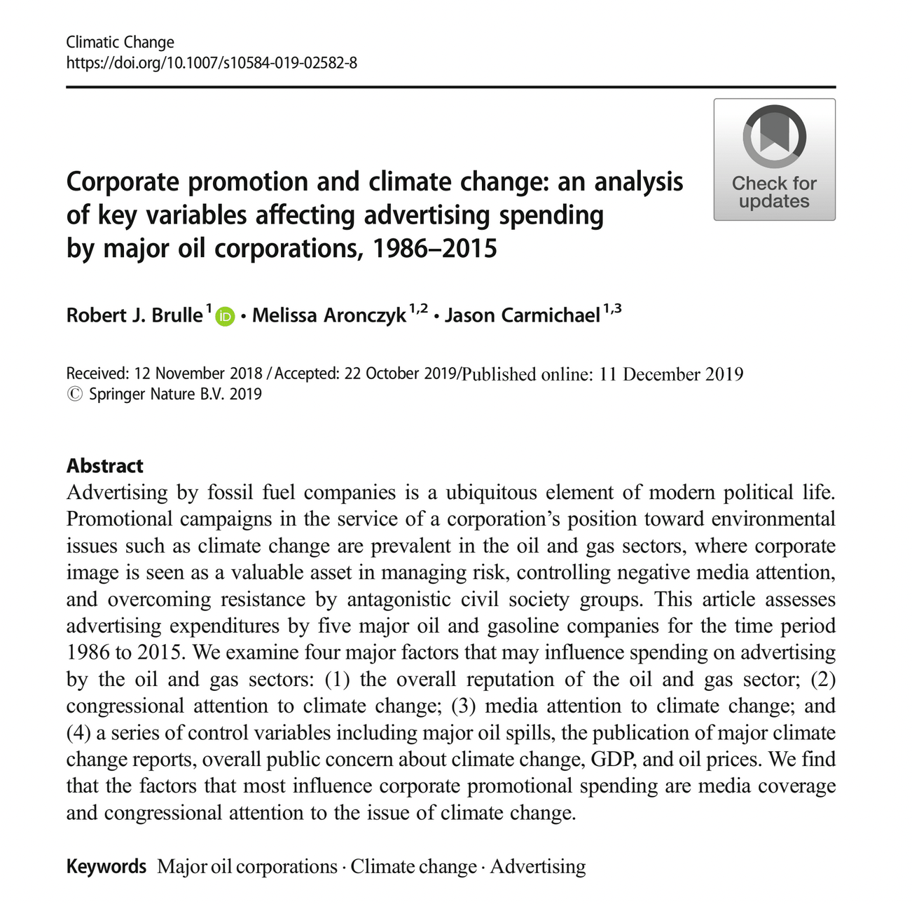 Corporate promotion and climate change: an analysis of key variables affecting advertising spending by major oil corporations, 1986–2015