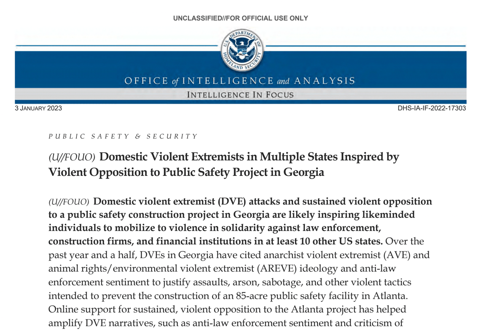 Jan 05, 2023 Briefing Describing Cop City Activists as “Domestic Violent Extremists” 
