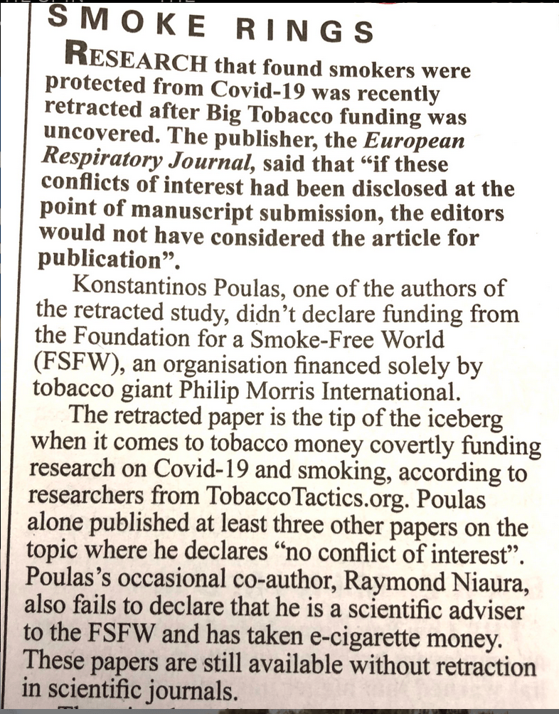 Big Tobacco brought its paid scientists back to claim that smoking would protect people from getting Covid-19