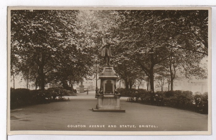 An archival image of the bronze Edward Colston statue in Bristol, situated on Colston Avenue in an open plaza.