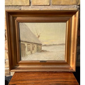 Olie på lærred, Wiliam Henriksen (1880-1964) “Vinteraften bag huset“ - nr. 09018