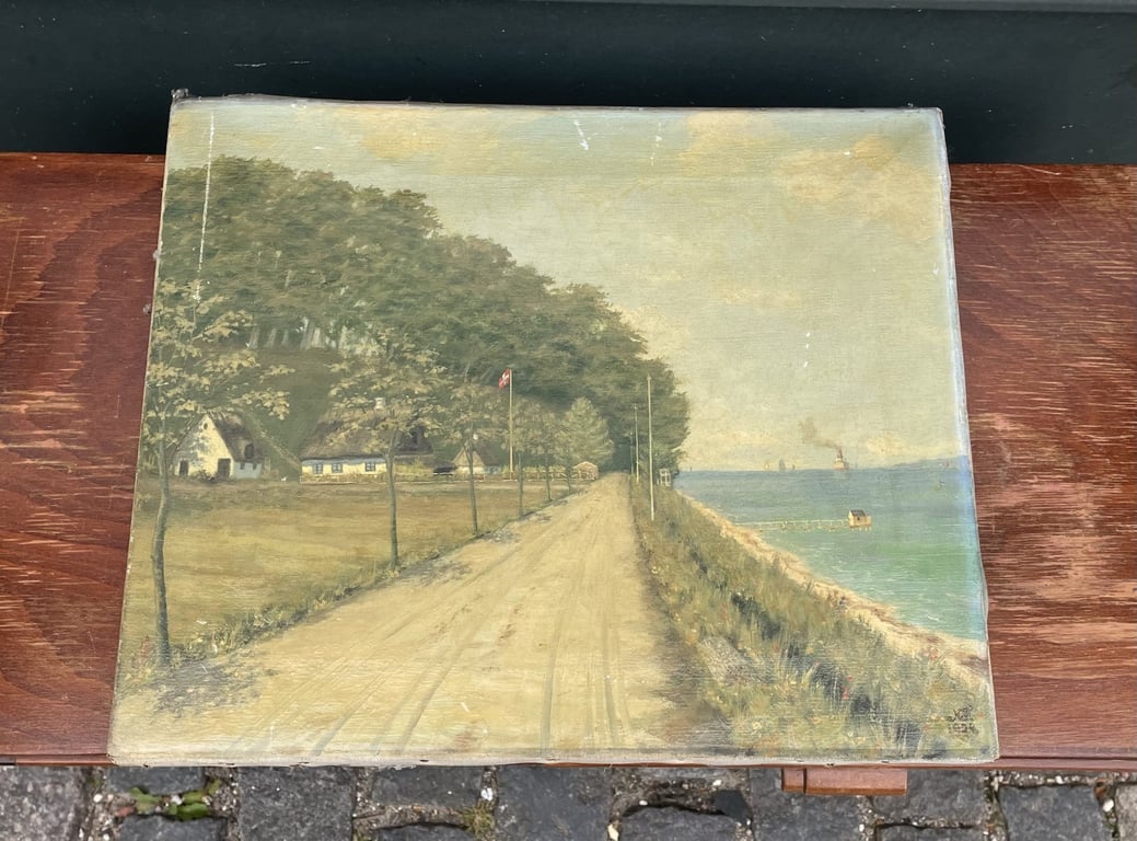 Flot antikt maleri fra 1924 med motiv fra Julebæk ved Hellebæk - nr. 025010