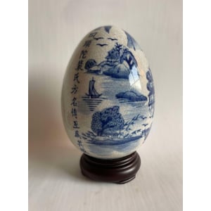 Blue and White Large Chinese Ceramic / Porcelain Egg on Wood Base