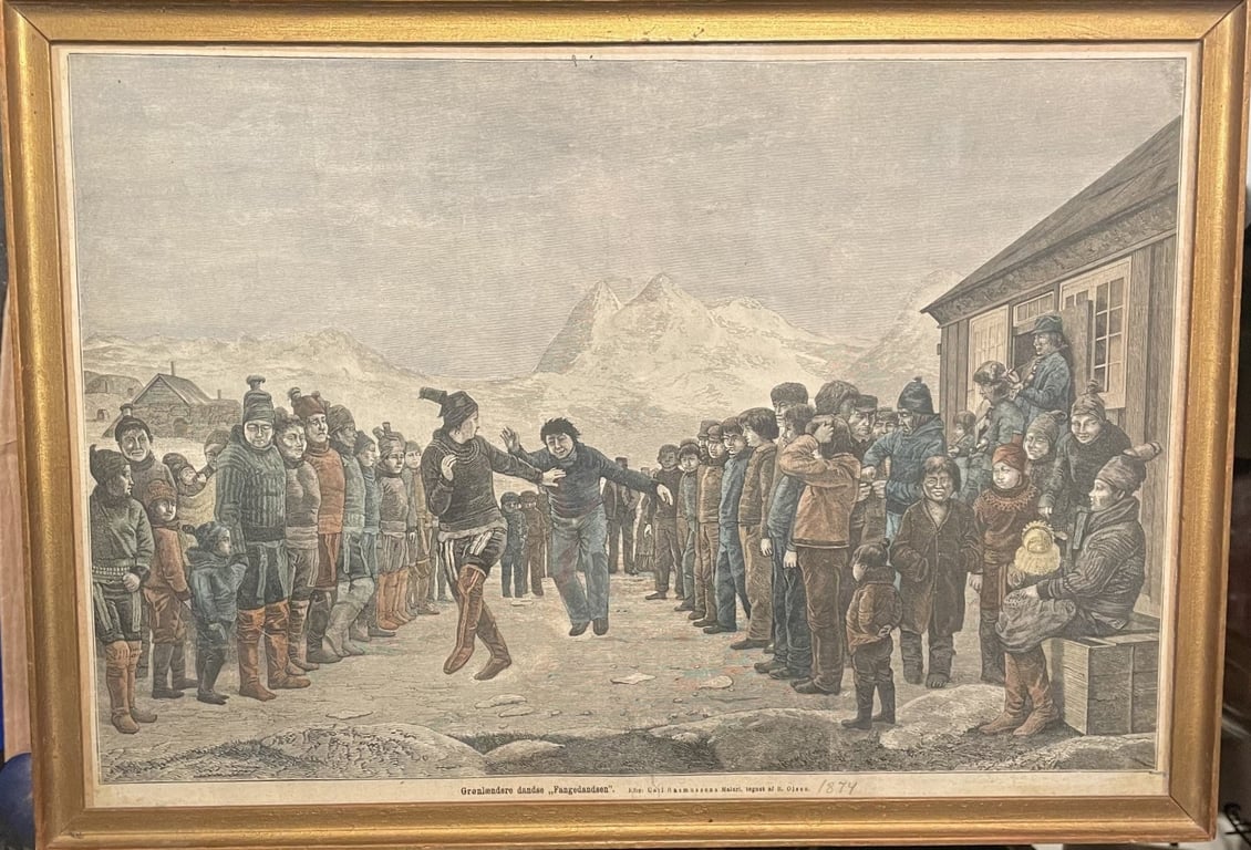 Smuk Grønlandsk farve radering, tegnet af B. Olsen, efter Carl Rasmussens maleri “Fangedansen“ - nr. 021300
