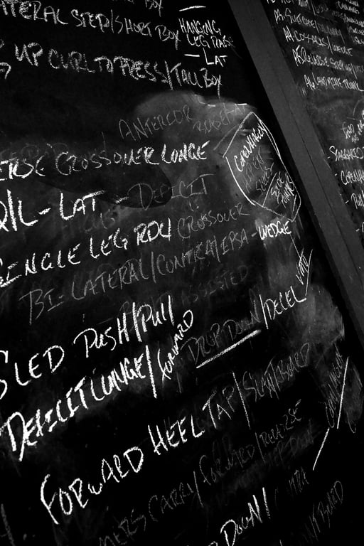 Workout notes on the MARR STRENGTH chalkboard