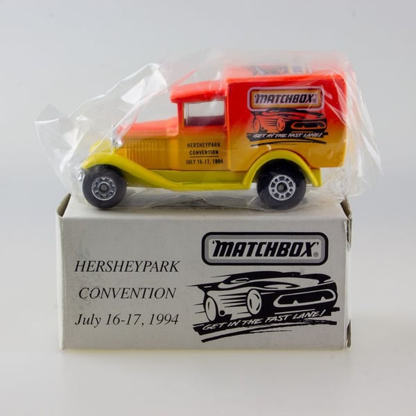 Matchbox Promo Model A Ford from Hershey Park Convention July 16-17, 1994. The Model A Ford Delivery Van comes In striking Matchbox Colours. It comes Mint condition with no paint loss or wear. It also comes in a Near Mint white promo box which are each individually numbered on the inside.