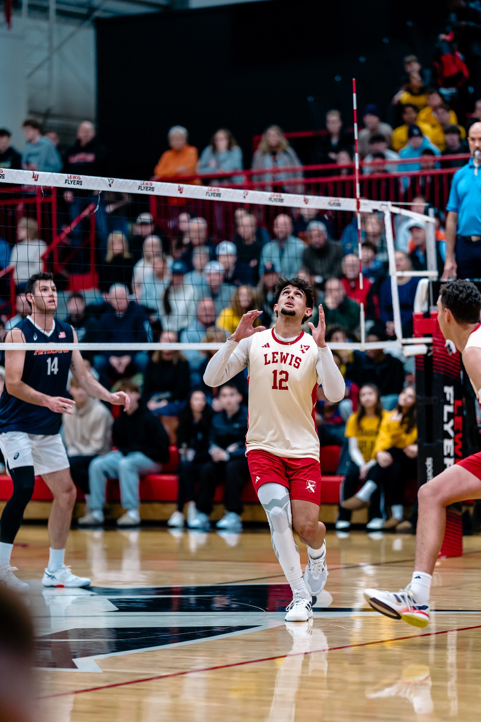 Volleyball player number 12 in a cream and red uniform looks up during a game.