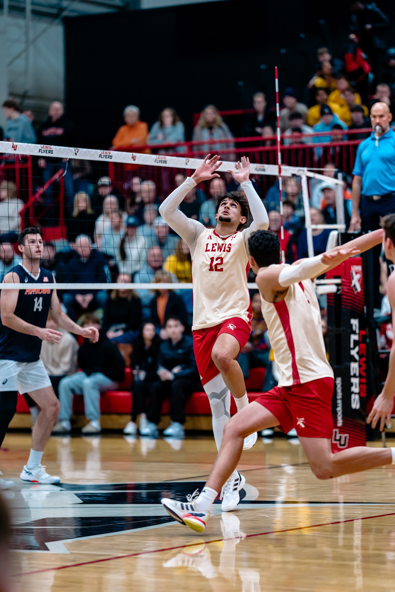 A Lewis player in a white and red jersey with number 12 jumps to set the ball during a volleyball match.