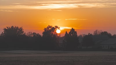 The sun sets behind trees and houses, casting an orange glow over a field.