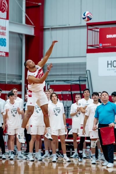A Lewis player in white jumps and reaches overhead for the ball.