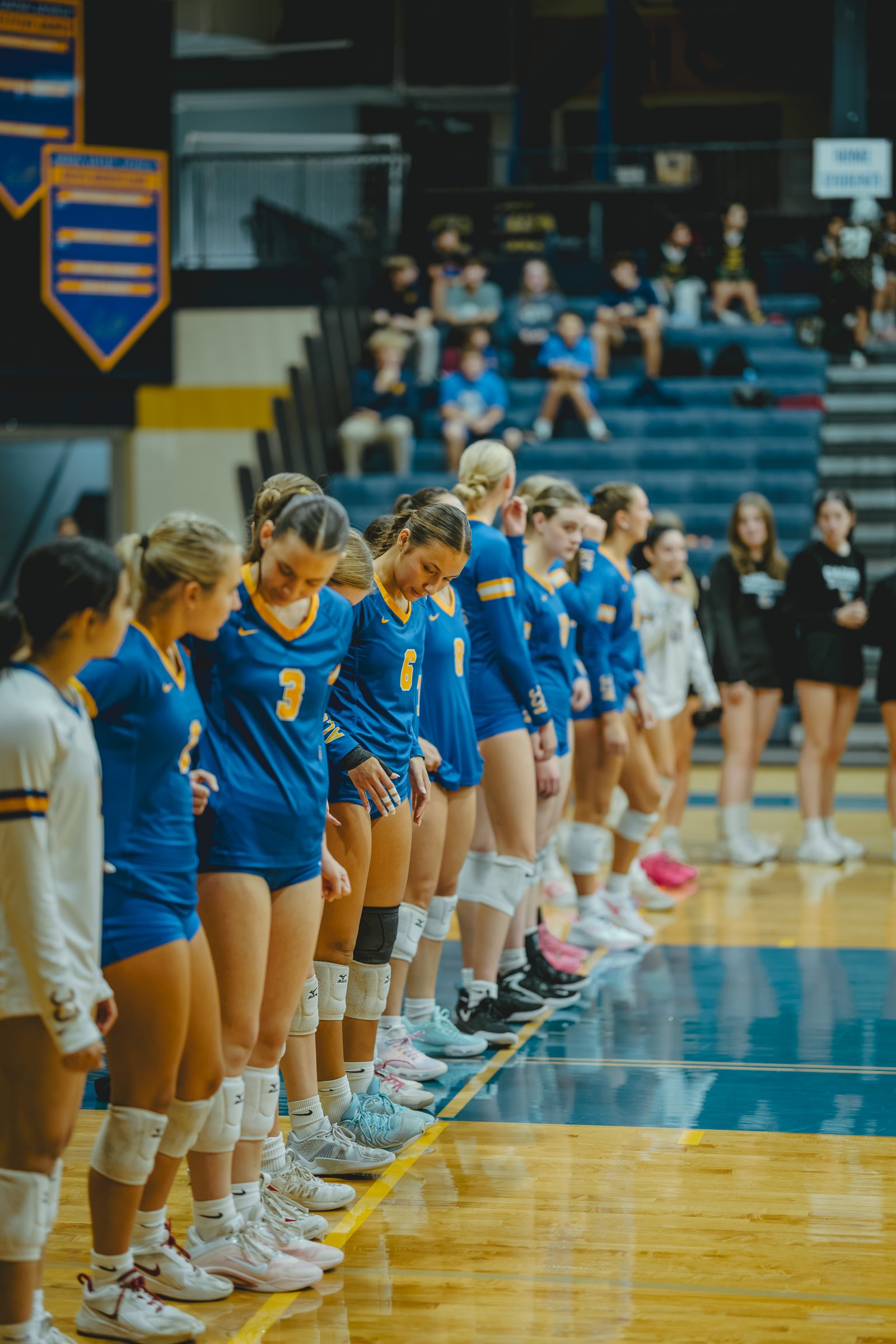 Players in blue jerseys with yellow trim stand on the court, including players with jersey numbers 3 and 6.