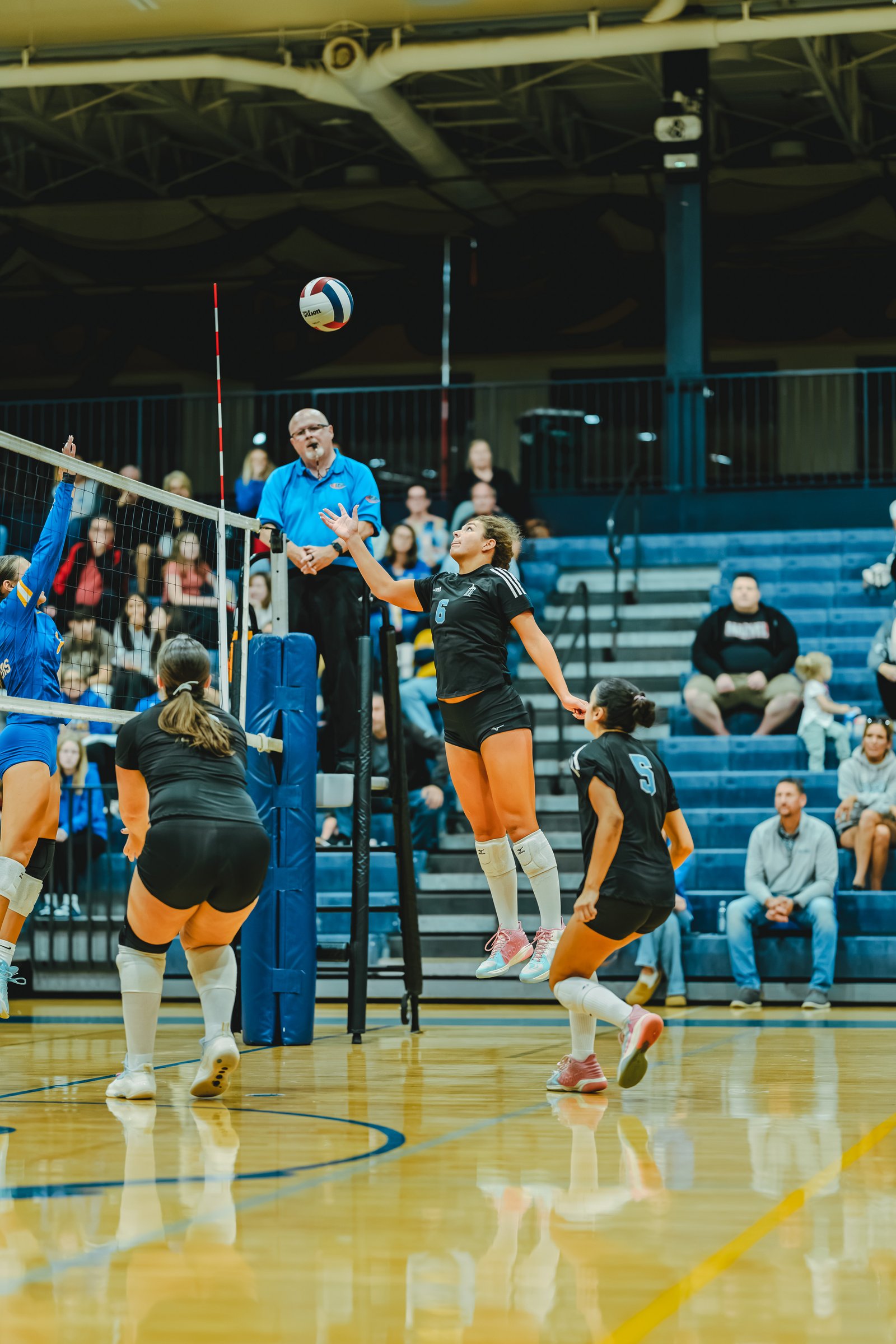 A player in black jumps to hit the ball, with a player in blue reaching to block and a player in black defending.