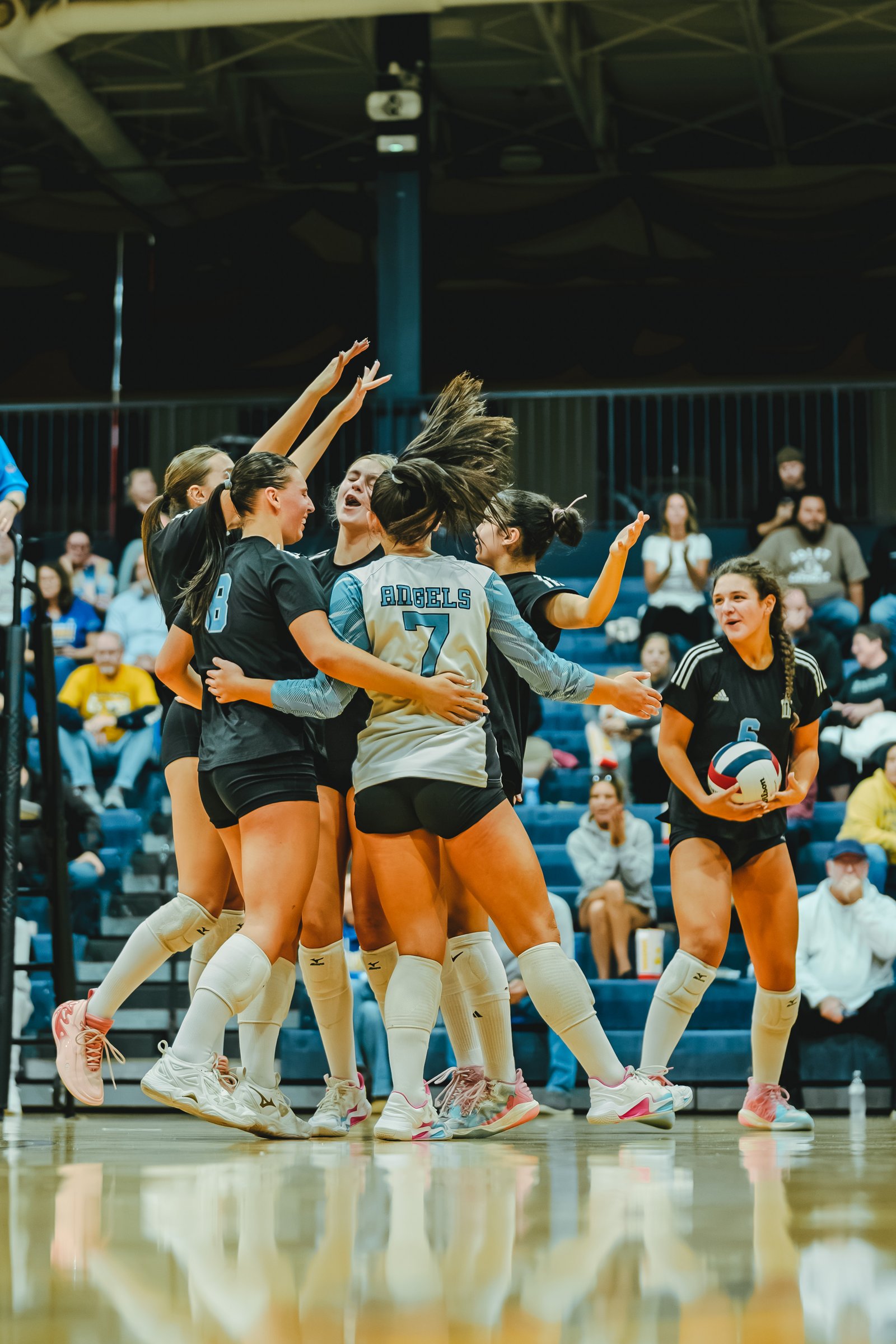 Players in black and light blue jerseys celebrate on the court. Player 7 in light blue and player 8 in black are visible.