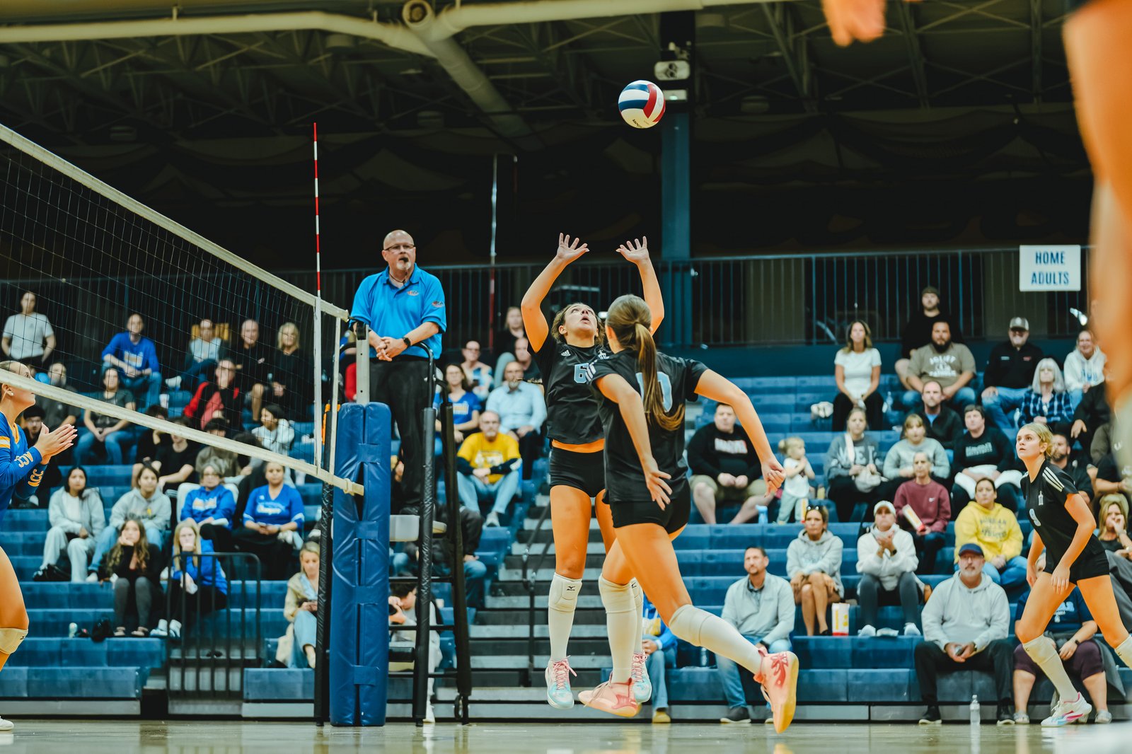 Players in black and blue uniforms jump to hit a volleyball as a referee watches. Player 60 in black and player 10 in black are visible.