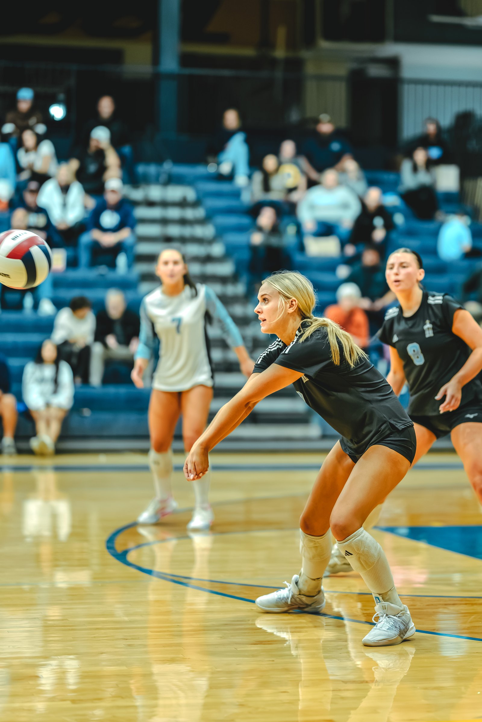 A player in black prepares to pass a volleyball as a player in white with jersey number 7 and a player in black with jersey number 8 look on.