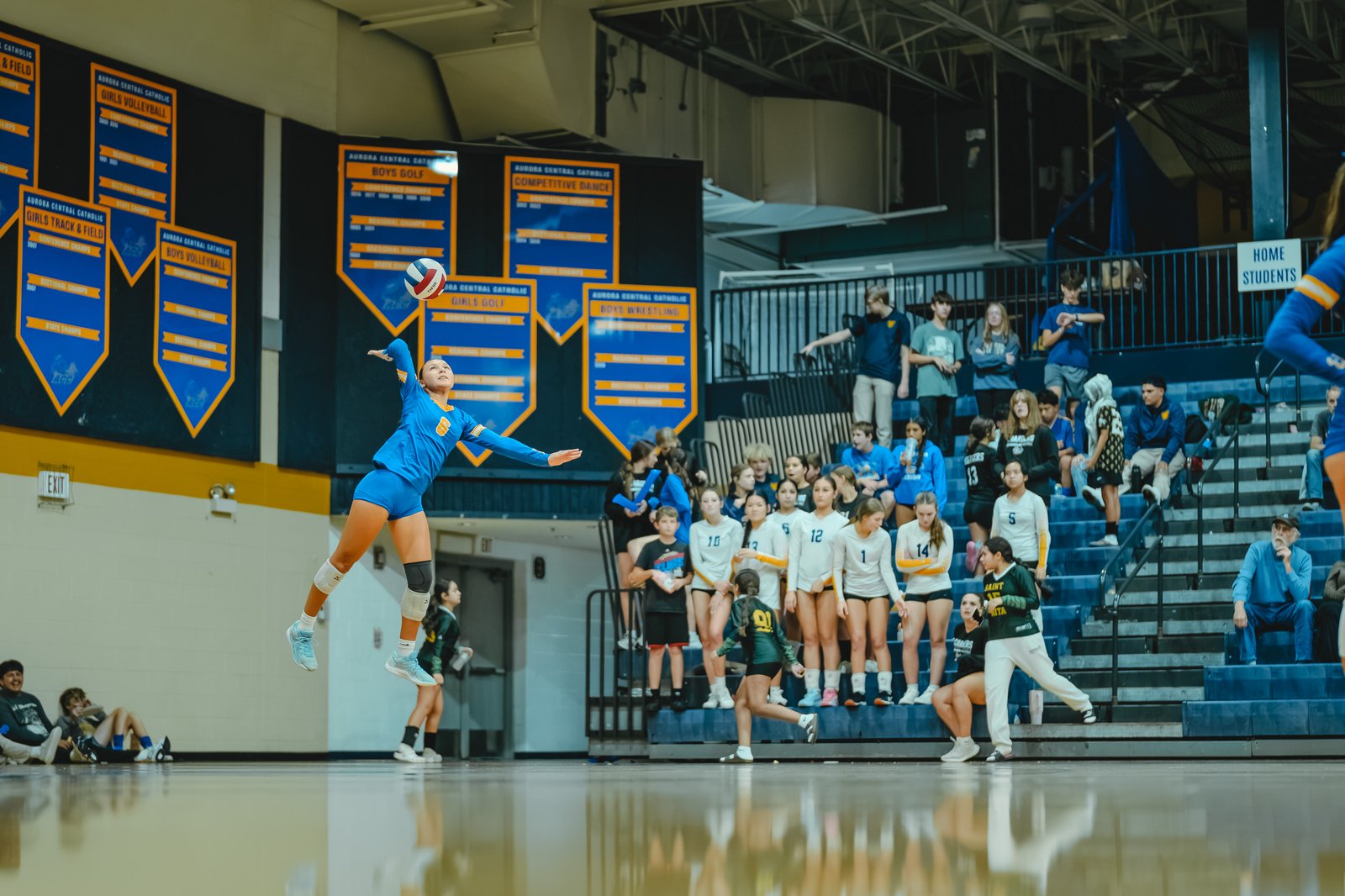 A player in blue jumps to hit the volleyball, with players in white and green watching from the bleachers.