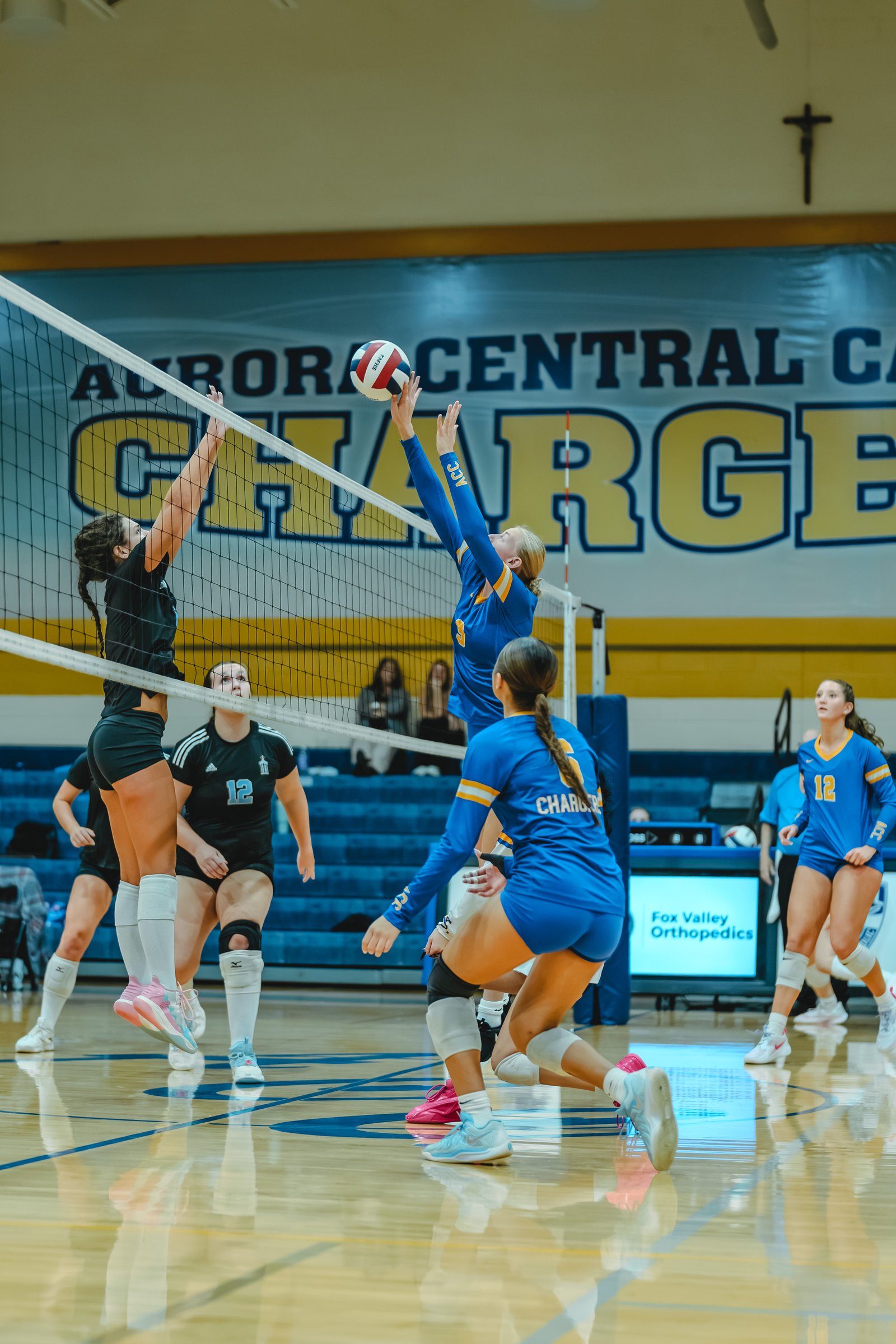 A player in blue sets the ball as players in black and blue jump at the net. Player 12 in black and player 12 in blue are visible.