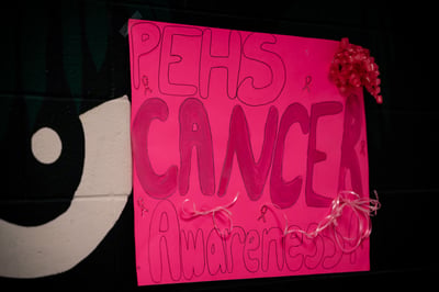 A pink poster for PEHS Cancer Awareness with ribbons and bows.