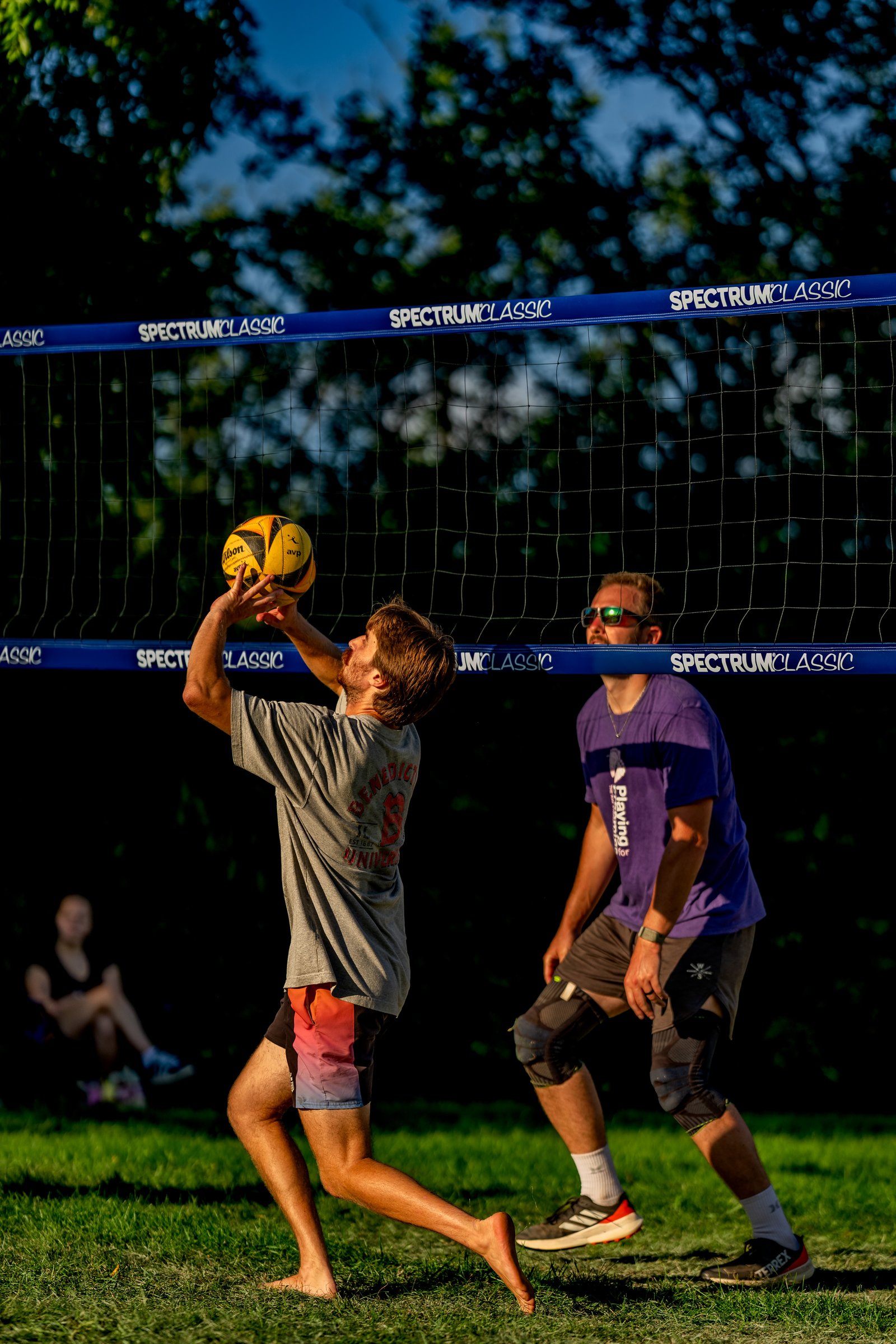 A player in a gray shirt sets a volleyball as a player in purple watches, with a net and trees in the background.