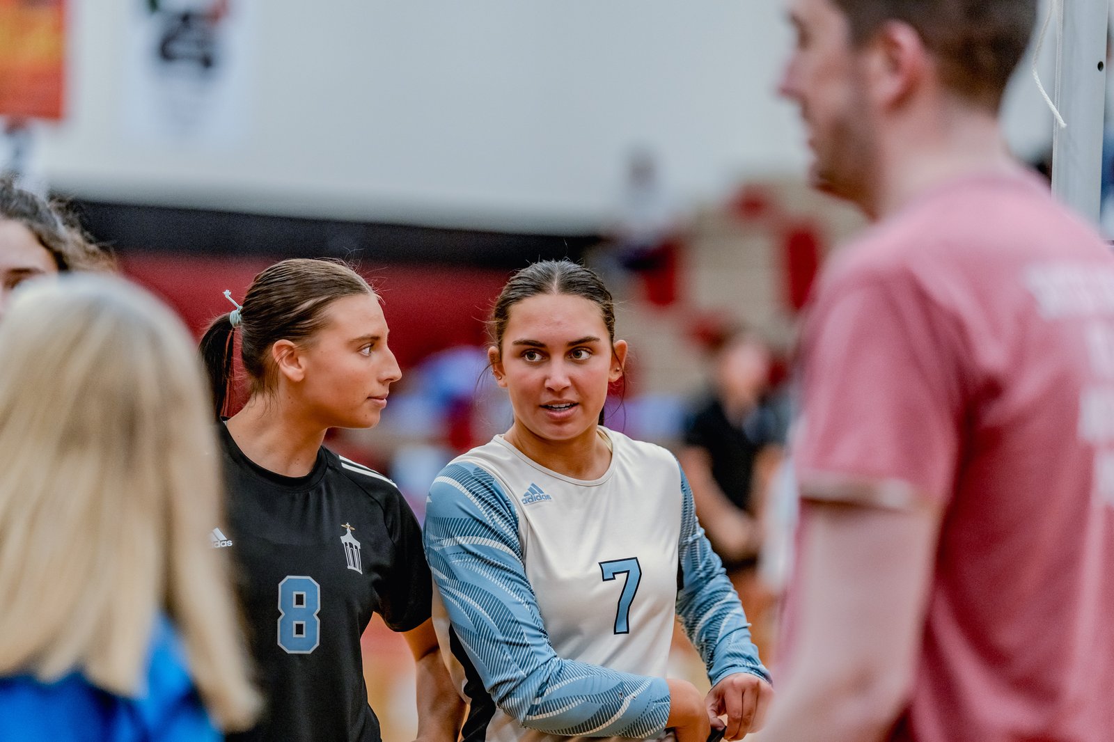 Players in black and blue jerseys talk during a volleyball game. Player 8 in black and player 7 in blue are visible.