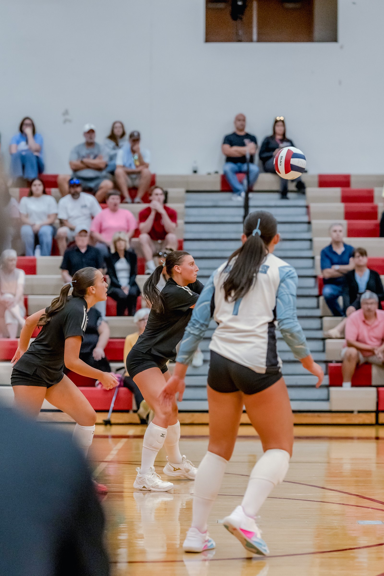 Players in black and light blue jerseys compete during a volleyball game, with a ball in the air and spectators watching from bleachers.