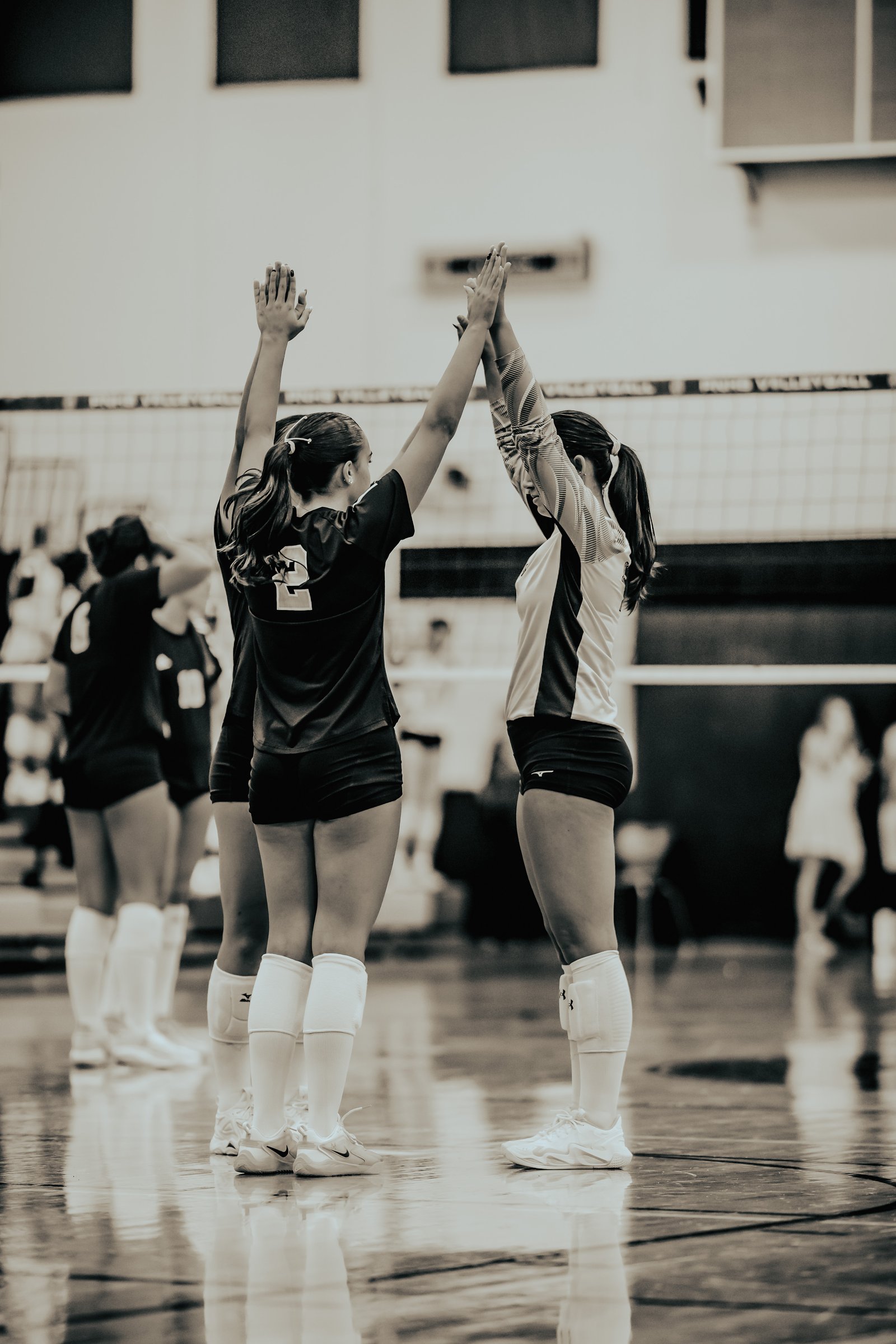 Players in black and white jerseys high-five on the court during a volleyball game.