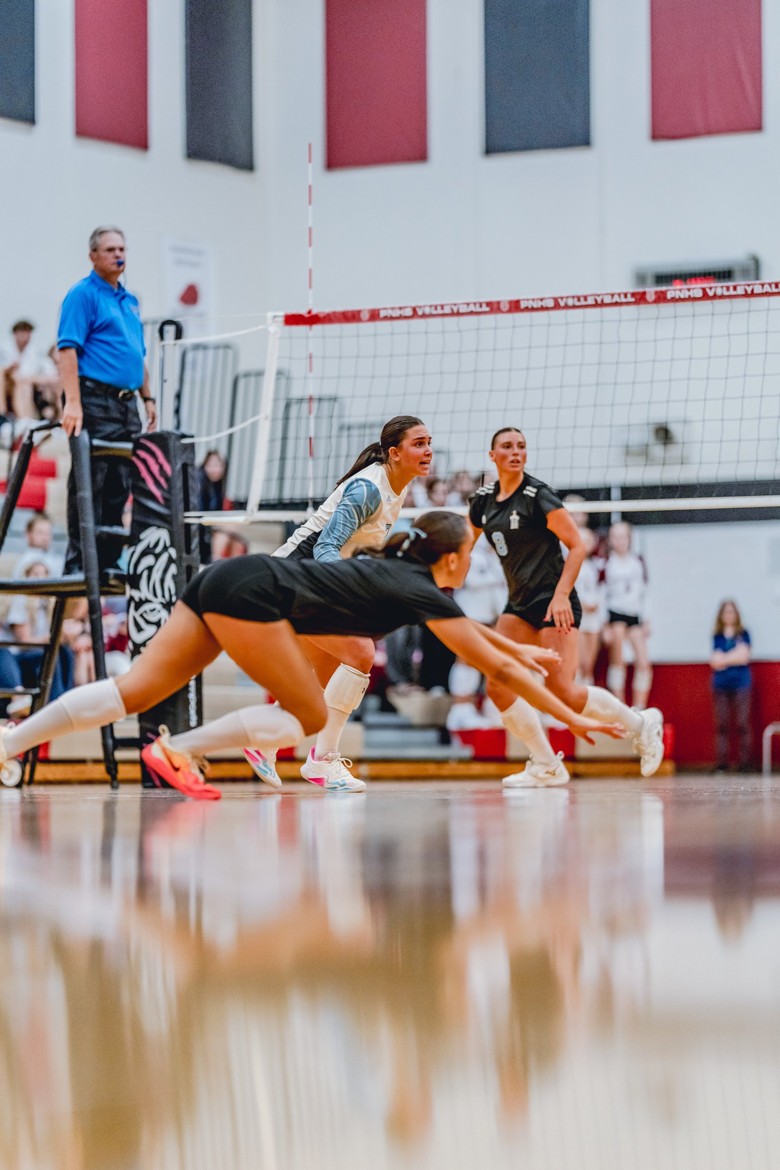 A player in black dives for a volleyball while a player in white and blue watches, with a player in black and white number 8 nearby.