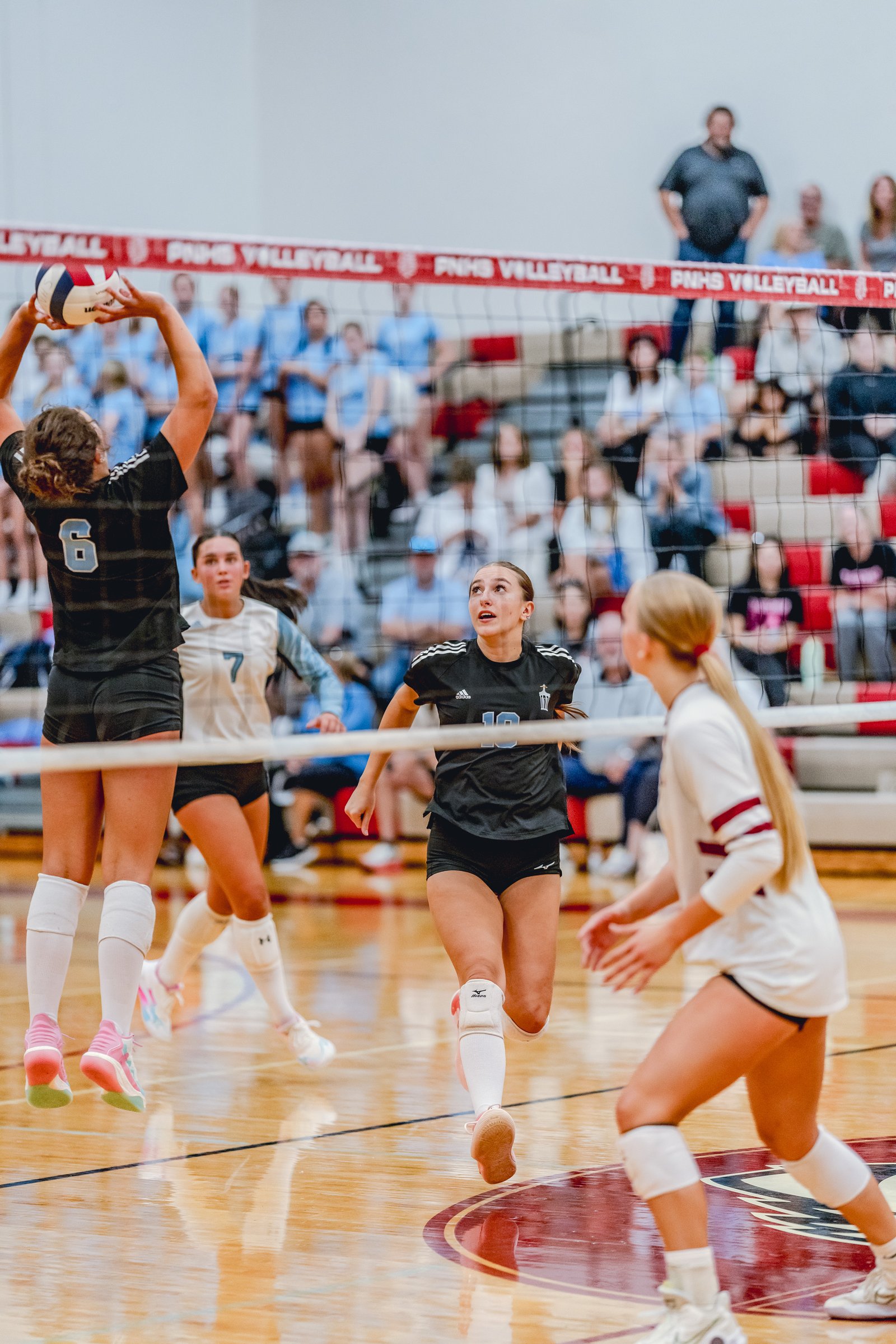 A player in black with jersey number 6 jumps to hit the volleyball, while players in white and light blue watch.