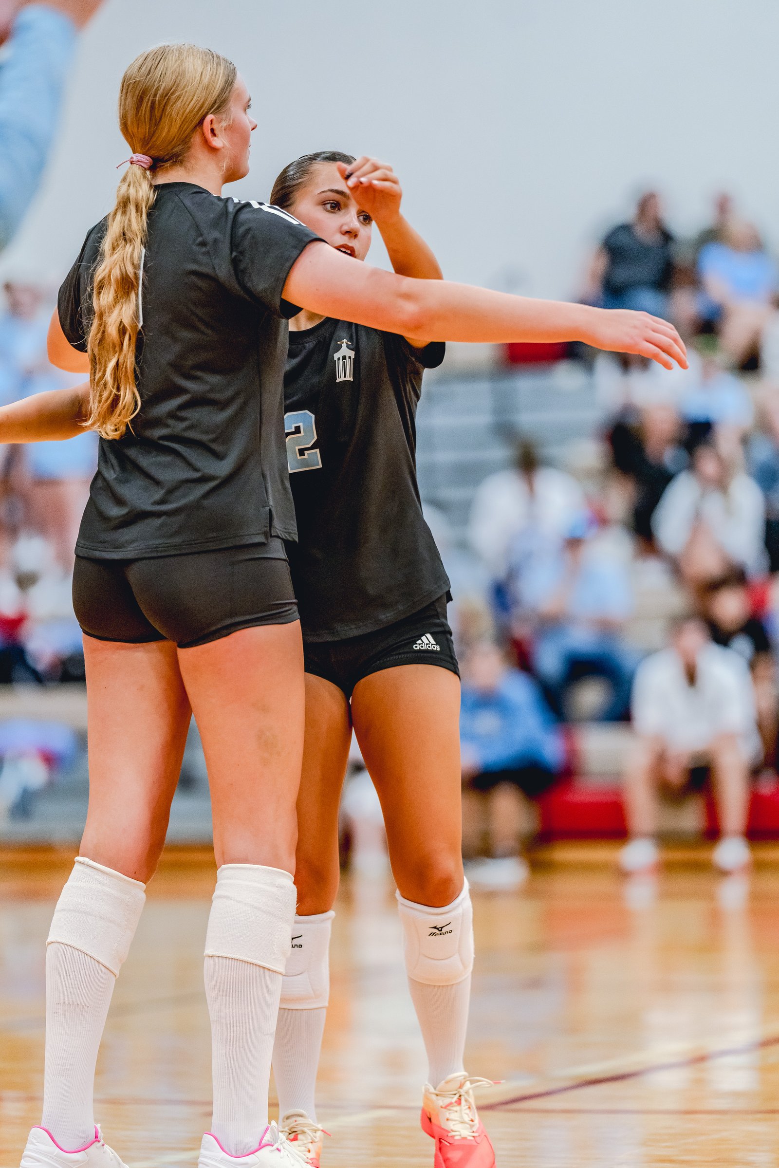 Two players in black jerseys with white trim and numbers, one with number 2, are on the court during a volleyball game.
