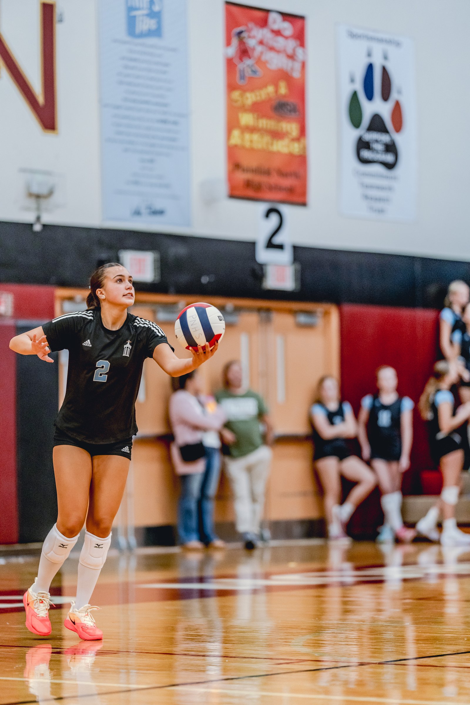 A player in a black jersey with white stripes and number 2 prepares to serve a volleyball in a gymnasium.