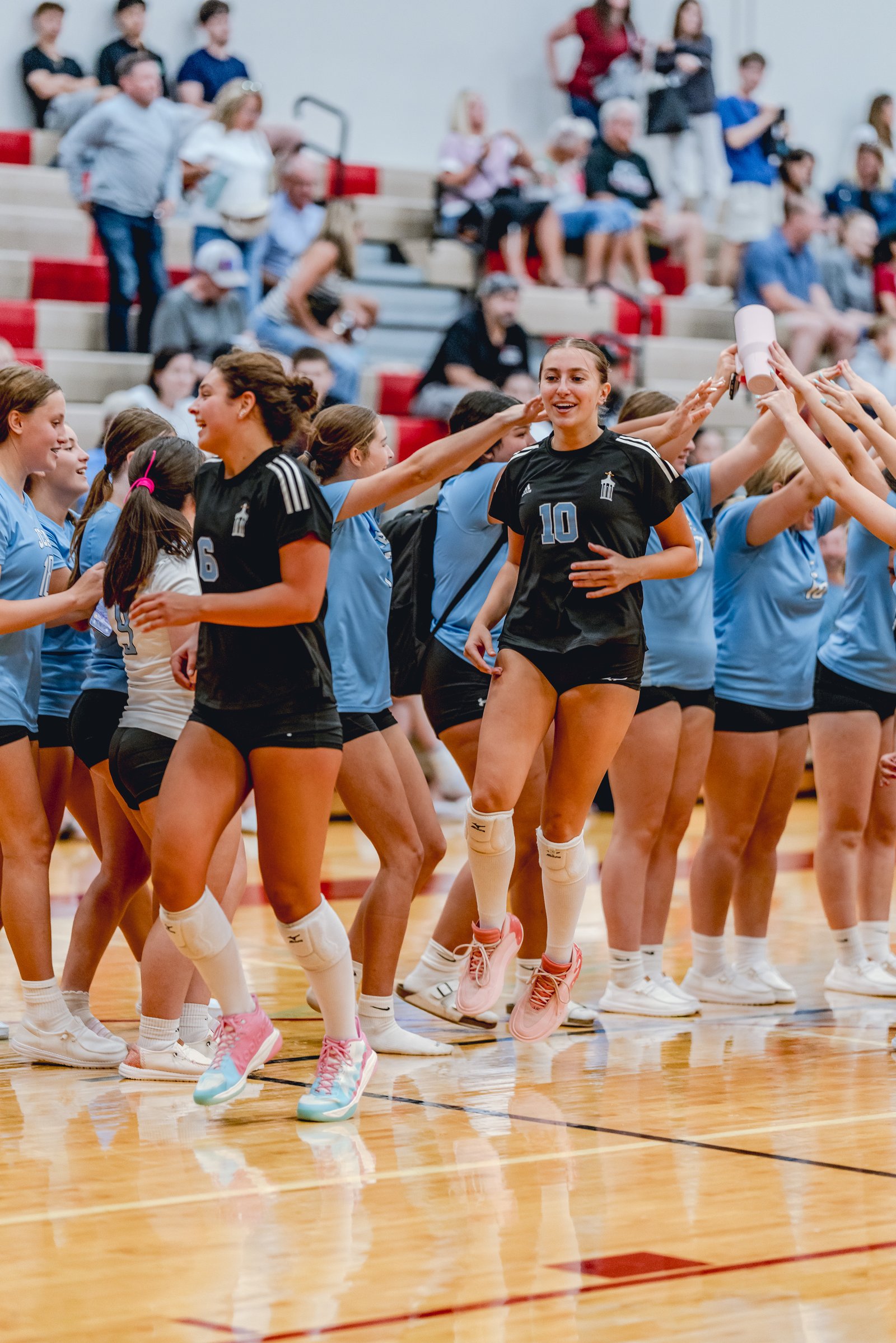 Players in black and light blue jerseys celebrate with a high five line on the court.