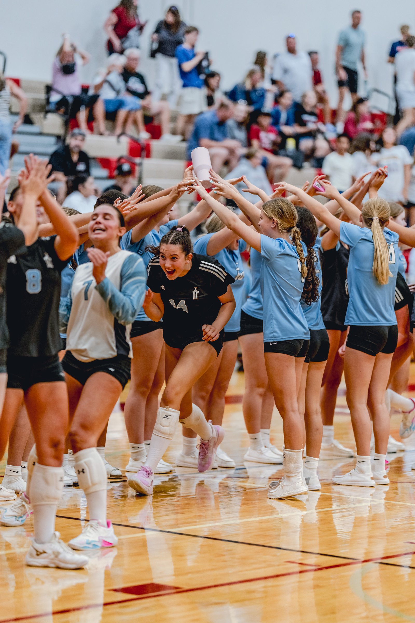 Players in black and light blue jerseys celebrate with hands raised, one holding a pink cup, on a wooden court.