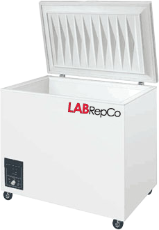 a labrepco brand 15 Cubic Foot capacity Laboratory Chest Freezer for -40C temperatures with an open lid