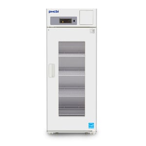 PHCbi 24.2 Cu. Ft. Laboratory Refrigerator with Hinged Glass Door pull handle and controller at the top