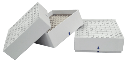 Standard White 2" Fiberboard Boxes With Gridlines and 100 Cell Dividers (Qty of 12) - Without Drain Holes