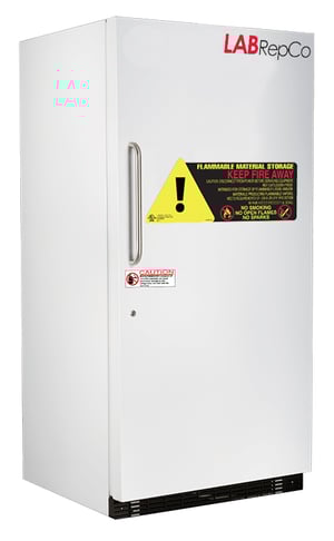 LabRepCo branded Futura Silver Series 30 Cu. Ft. Flammable Material Storage Refrigerator with closed Solid Door, stainless steel pull handle, key hole and large caution sticker