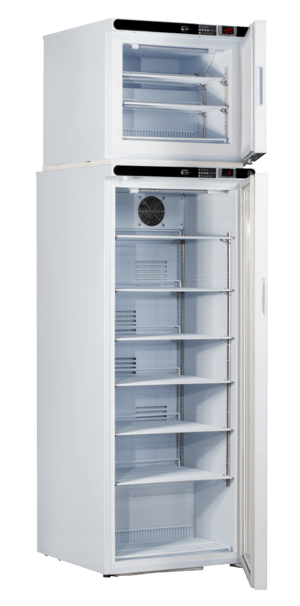 a labrepco clinicool series combo medical-grade refrigerator freezer with both doors open showing the interior of the product including shelves and internal fan