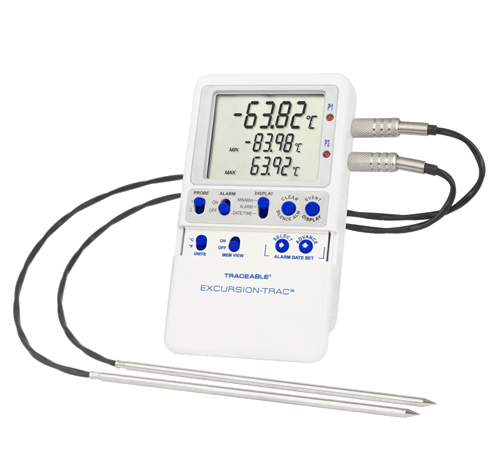 Digital temperature data logger with external probe monitoring ultra low freezer temperature, displaying real time temperature readings for laboratory sample storage.