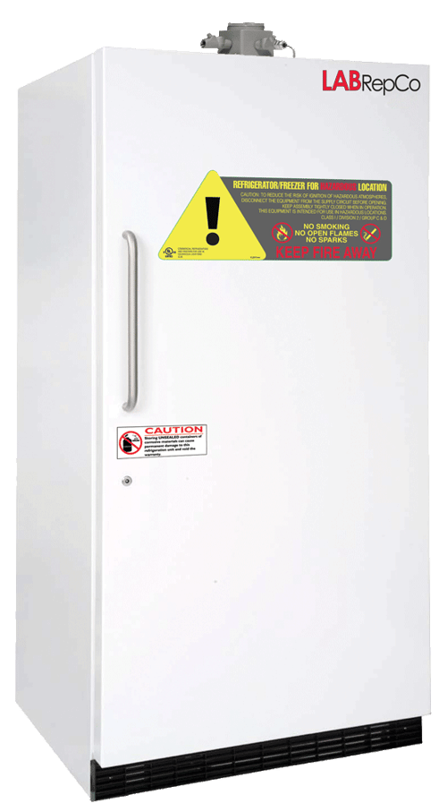LabRepCo 30 Cu. Ft. interior capacity with solid white door that is closed and a metal pull handle. Also has a caution sticker on the front of the unit with ports on the top of the unit