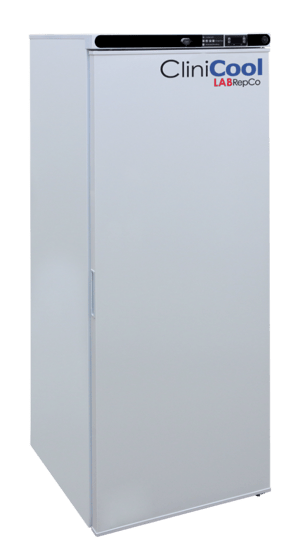 A Clinicool compact pharmacy refrigerator with a 10.5 cubic foot internal capacity and the solid door is closed