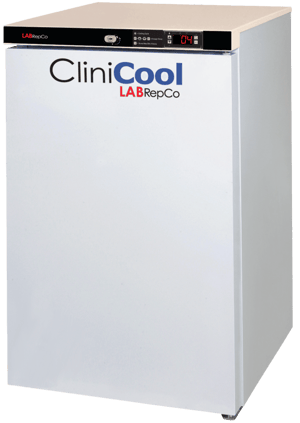 LabRepCo CliniCool Silver Series 2.5 Cu. Ft. undercounter or freestanding Medical-Grade Refrigerator for Vaccine Storage with a closed solid door and recessed handle on the side of the door